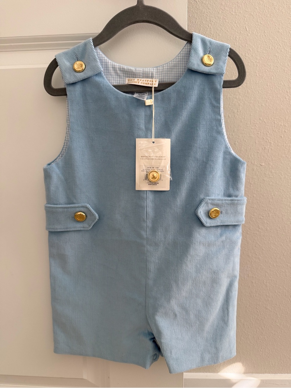 The Beaufort Bonnet Company Light Blue Corduroy Boys' Shortall with Gold Buttons